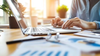 Fototapete - Professional Business Person Working on Laptop with Papers and Charts in Bright Office : Generative AI