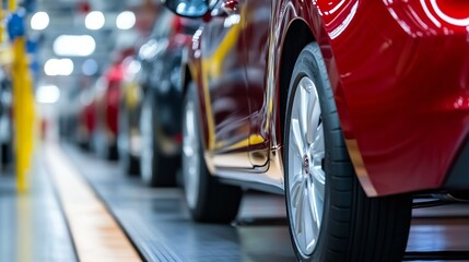 Leinwandbilder - Modern car assembly line with focus on shiny red vehicle and other cars in a manufacturing facility : Generative AI