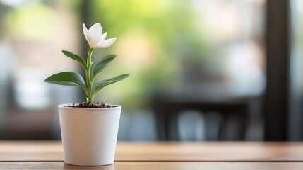 Poster - Charming Potted Plant with White Flower Set Against a Soft Focus Background of Indoor Space : Generative AI