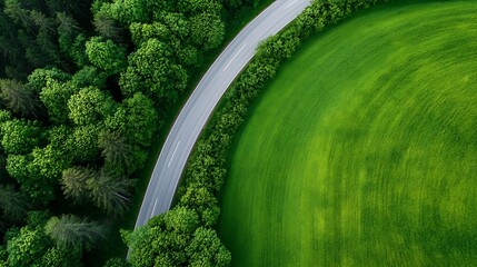Poster - Aerial view of a winding road surrounded by vibrant green fields and lush trees in rural landscape : Generative AI