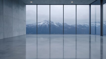 Aufkleber - Modern Minimalist Interior with Large Windows Showcasing Majestic Snowy Mountain Views : Generative AI