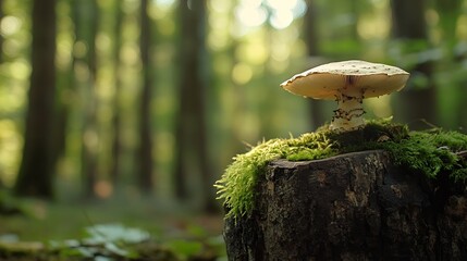Poster - Colorful mushroom growing on a tree stump surrounded by lush forest greenery : Generative AI