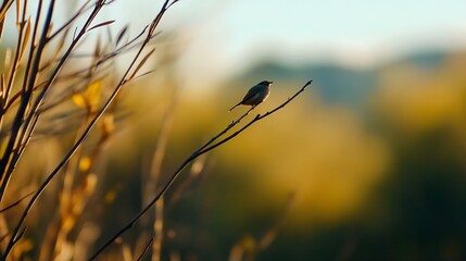 Aufkleber - Solitary Small Bird Perched on a Branch Surrounded by Blurred Natural Landscape : Generative AI