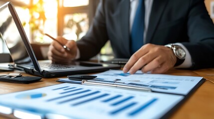 Poster - Businessman Analyzing Financial Data with Laptop and Charts on Desk in a Modern Office Setting : Generative AI