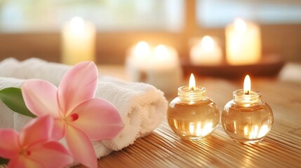 Poster - Aromatherapy Oils and Beautiful Flowers on a Wooden Table with Candles : Generative AI