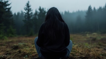 Aufkleber - Contemplative Woman Sitting on Ground in a Foggy Forest Surrounded by Lush Greenery : Generative AI