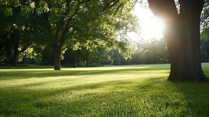 Aufkleber - Lush green park scene with sunlight filtering through trees creating a peaceful natural atmosphere in summer : Generative AI