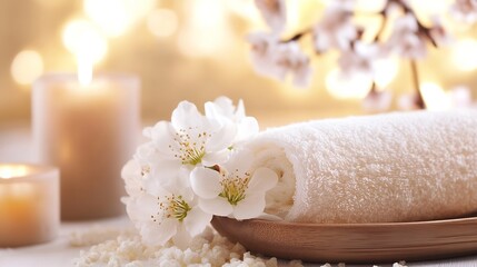 Aufkleber - Spa Setting with Soft Towels Cherry Blossoms and Candles for Relaxation and Rejuvenation : Generative AI