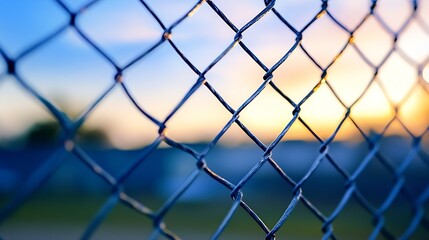 Fototapete - Fenced area with chain link fence silhouetted against a stunning sunset sky : Generative AI