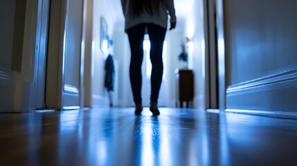 Aufkleber - Mysterious Silhouette of a Person Walking Down a Dimly Lit Hallway : Generative AI