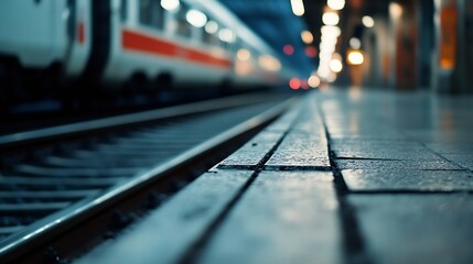 Aufkleber - Close Up View of Train Tracks and Station Platform Lights in Urban Setting : Generative AI