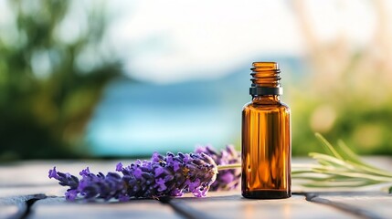 Poster - Aromatic lavender essential oil in amber glass bottle with fresh lavender flowers outdoors in soft daylight : Generative AI