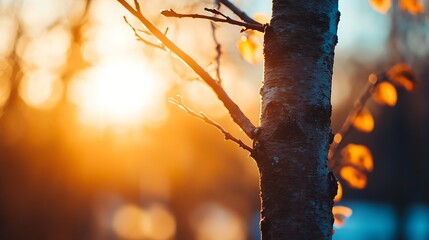 Aufkleber - Warm sunset light streaming through leaves on a tree trunk creating a calming autumn atmosphere : Generative AI