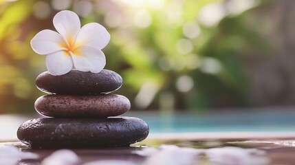 Poster - Tranquil Stacked Stones with a Blooming Flower on Smooth Surface Ideal for Wellness : Generative AI