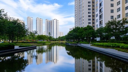 Poster - Calm and Peaceful Urban Park with Well Maintained Green Spaces and Modern Buildings in a Tranquil Setting : Generative AI