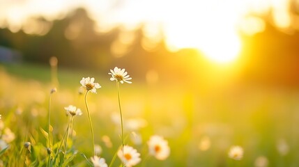 Aufkleber - Beautiful sunlight illuminating vibrant flowers in a field during golden hour for a serene nature atmosphere : Generative AI