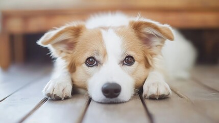 Aufkleber - Adorable dog laying on wooden floor with expressive eyes and soft fur looking curiously at viewer : Generative AI