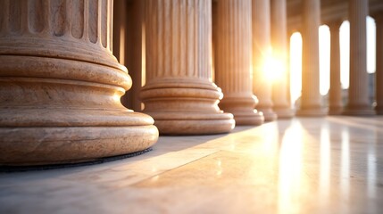 Poster - Ancient stone columns glowing in the warm sunset light showcasing a historic architectural site : Generative AI