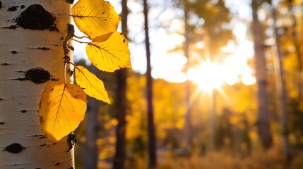 Aufkleber - Golden autumn leaves glowing in sunlight filtering through trees in a wooded area : Generative AI