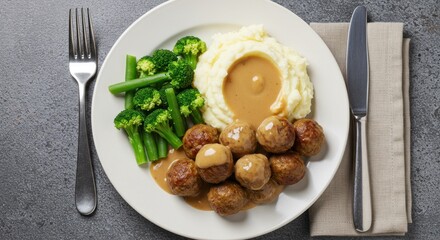 Wall Mural - delicious meatballs with mashed potatoes and vegetables