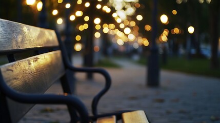 Aufkleber - A beautiful wooden bench in a park illuminated by twinkling bokeh lights in the evening : Generative AI