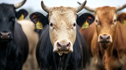 Poster - Closeup portrait of curious cattle showcasing unique expressions under natural outdoor lighting : Generative AI