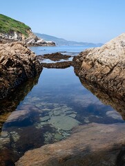 Aufkleber - Serene coastal view with clear water reflecting rocks and cliffs in the daylight : Generative AI