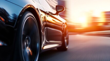 Poster - Dynamic Close Up of a Sports Car Wheel at Sunset Capturing Speed and Motion : Generative AI