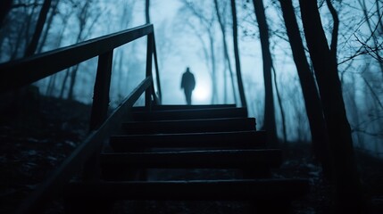 Aufkleber - Eerie Foggy Forest Trail Leading to an Unknown Figure Silhouetted at Dusk : Generative AI
