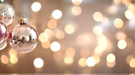 Poster - Beautiful close up of decorative Christmas ornaments reflecting soft lights for a festive holiday atmosphere : Generative AI