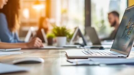 Fototapete - Bright Modern Workspace with Laptop and Focused Team Collaborating in Natural Light : Generative AI