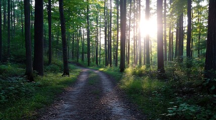 Aufkleber - Sunlight filtering through trees along a forest path creating a tranquil atmosphere for nature walks : Generative AI
