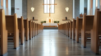 Aufkleber - Serene Church Interior with Wooden Chairs and Calm Atmosphere : Generative AI