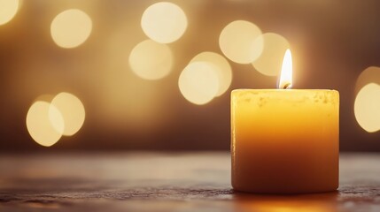 Poster - Solitary candle glowing softly amidst a backdrop of magical bokeh lights creating a cozy ambiance : Generative AI
