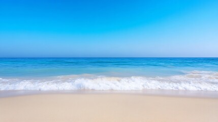 Poster - Serene blue ocean waves gently lap against the sandy shore under a clear sky : Generative AI