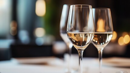 Aufkleber - Elegant White Wine Glasses in Cozy Restaurant with Soft Lighting : Generative AI