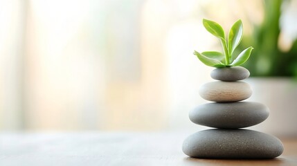 Aufkleber - Zen Garden with Stacked Stones and Green Plant Symbolizing Balance and Harmony : Generative AI