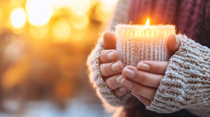 Poster - Warm glow of a candle held by cozy hands in knitted sleeves symbolizing a warm atmosphere in winter : Generative AI