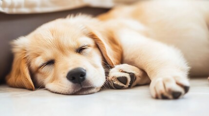 Poster - Adorable Golden Retriever Puppy Sleeping Peacefully on Soft Surface : Generative AI