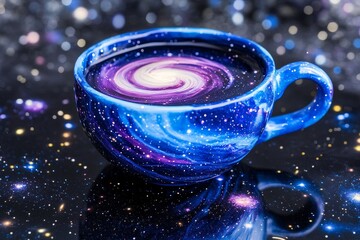 Poster - Cosmic Swirl Coffee Cup with Starry Background in Vibrant Colors