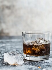 Aufkleber - Refreshing Glass of Classic Whiskey with Ice Cubes Perfectly Served to Enjoy on a Relaxing Evening : Generative AI