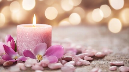 Aufkleber - Elegant pink candle surrounded by flower petals and decorative stones for a cozy ambiance : Generative AI
