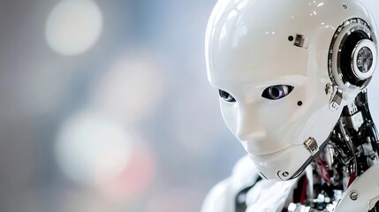 Poster - Closeup of humanoid robot with a glossy white surface and intricate details : Generative AI