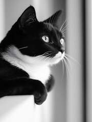 Poster - Elegant black and white cat attentively gazing out the window displaying curiosity and calmness in a modern domestic setting : Generative AI