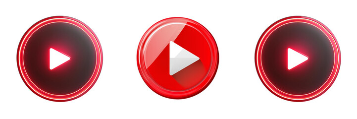  Set of a video player, a red circle with a white play button in the middle, isolated on transparent background.