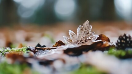 Poster - Frosty Leaf on Ground in Autumn Colors Serenity and Beauty : Generative AI