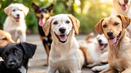Aufkleber - Group of happy dogs with joyful expressions gathered together in a sunny garden : Generative AI