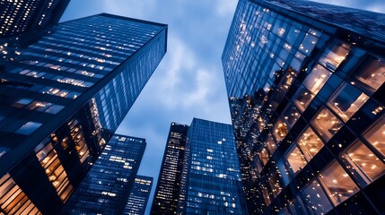 Poster - Modern cityscape featuring stunning glass skyscrapers illuminated at dusk with reflections : Generative AI