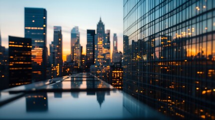 Poster - Stunning city skyline at dusk with bright lights reflecting off glass buildings : Generative AI