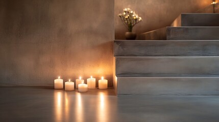 Poster - Tranquil scene of softly glowing candles on a clean stairway with subtle ambient lighting : Generative AI